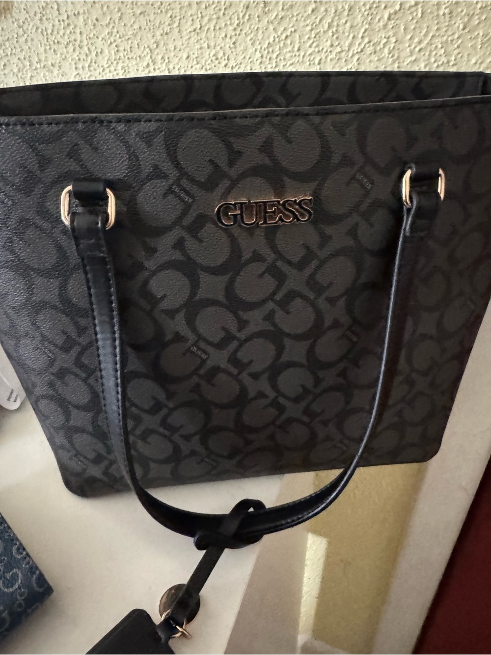 Guess Black Logo-Print Tote with Gold Accents